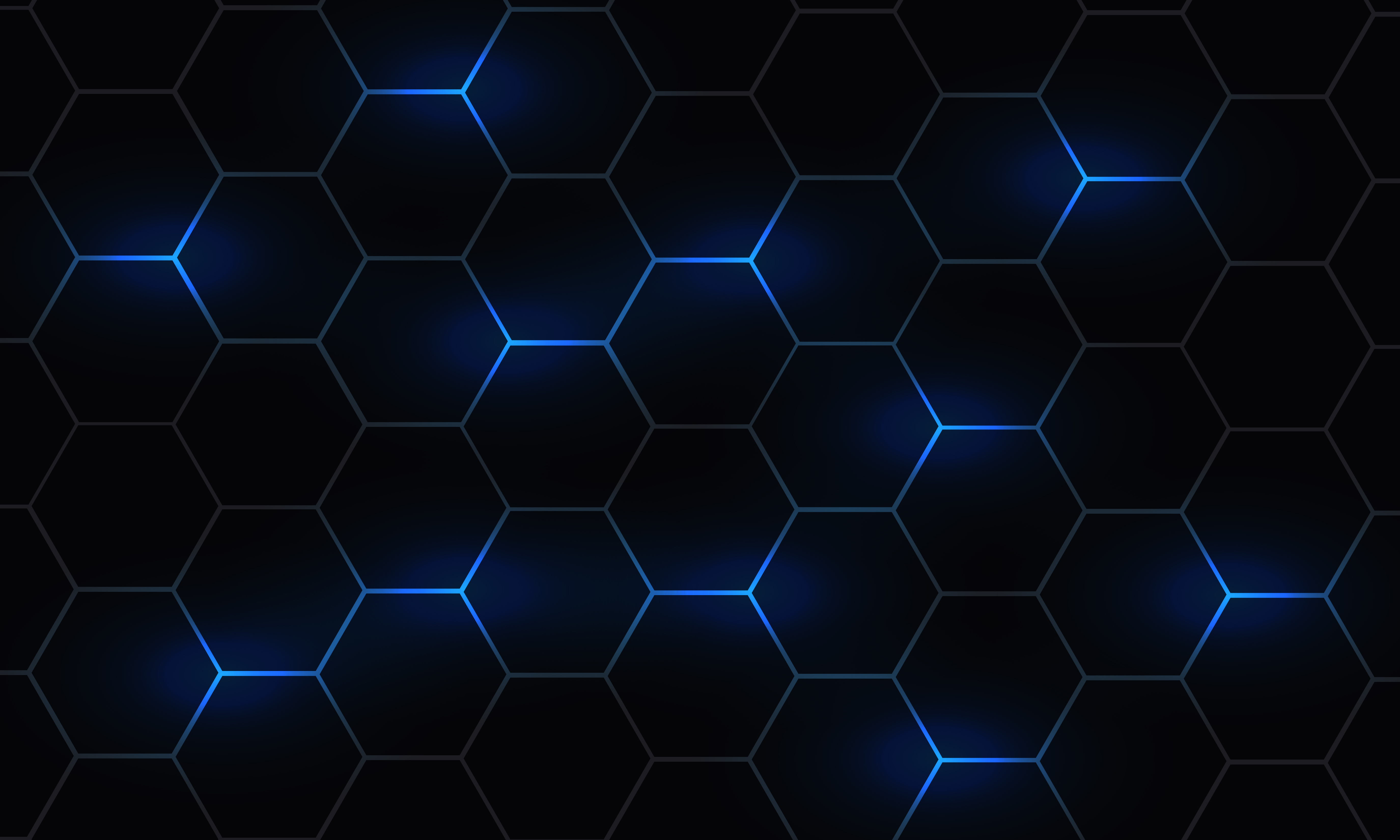 Dark hexagonal abstract technology background wit blue bright energy flashes.